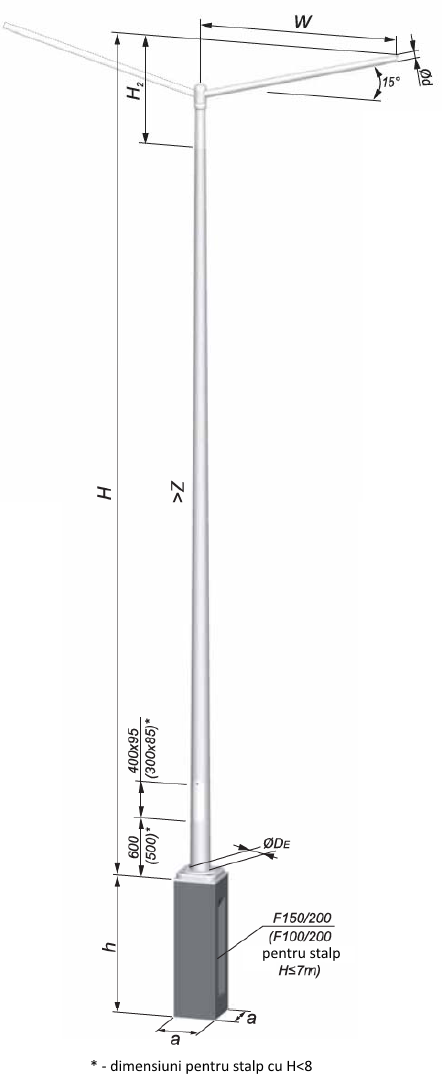 stalp iluminat metalic stradal cilindric 6-12m cu brat