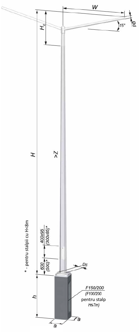 stalp iluminat metalic stradal hexagonal 6-10m cu brat