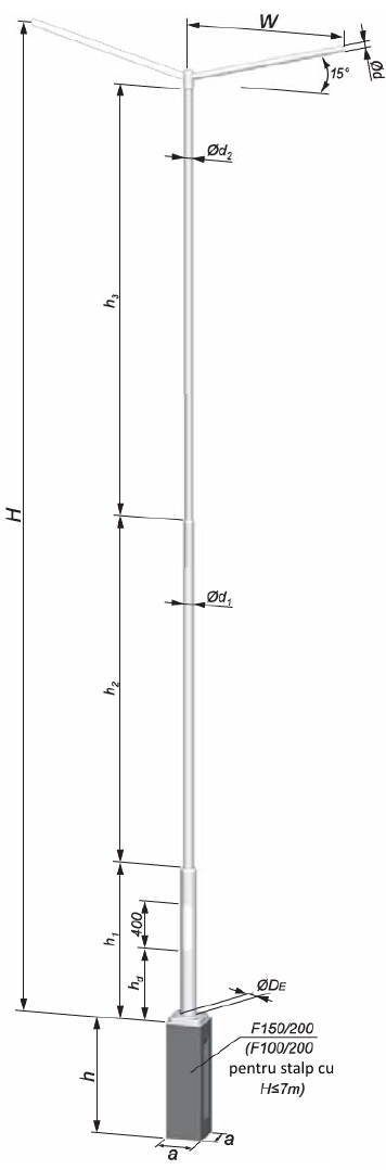 stalp iluminat metalic stradal teava sudata 6-10m cu brat