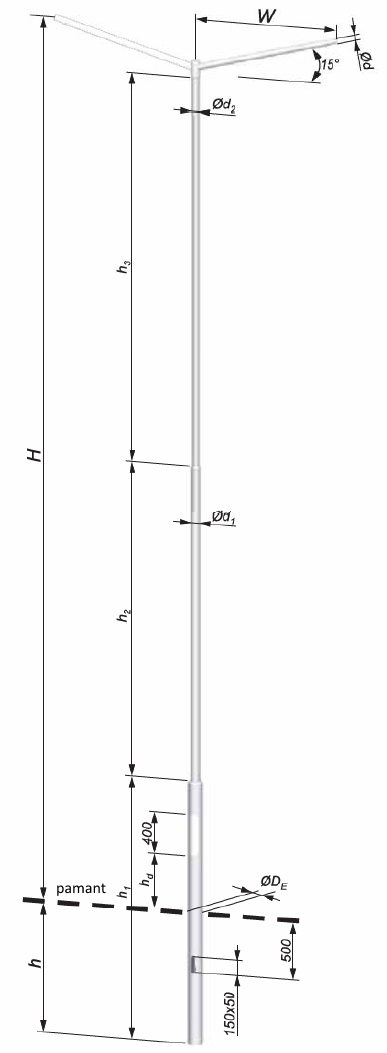 stalp iluminat metalic stradal teava sudata 6-10m cu brat